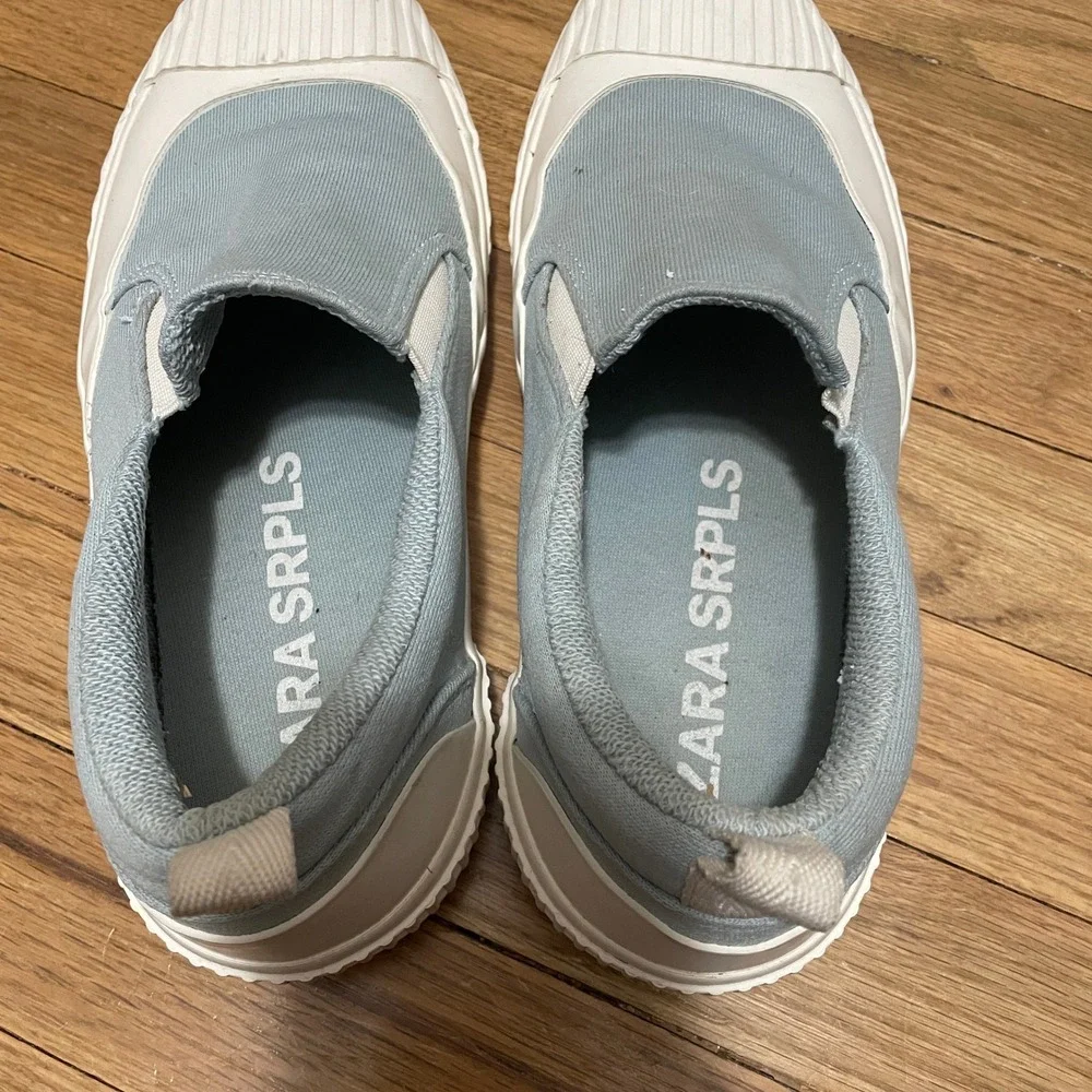 ZARA SRPLS Light Blue Canvas Slip On Sneakers Round Toe White Rubber Cap Size 39